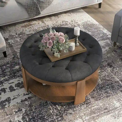 Geoffrey Transitional Round Natural Wood Open-Shelf Tufted Ottoman with Wheels by Furniture of America