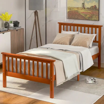 Wood Platform Bed with Open-slatted Headboard and Footboard