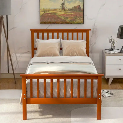 Wood Platform Bed with Open-slatted Headboard and Footboard