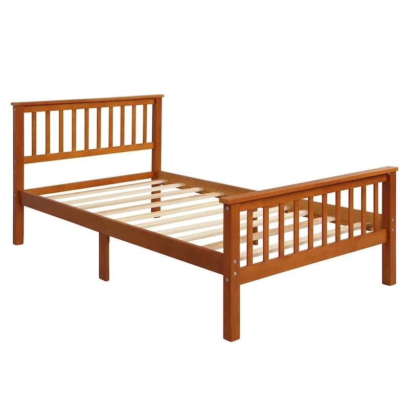 Wood Platform Bed with Open-slatted Headboard and Footboard