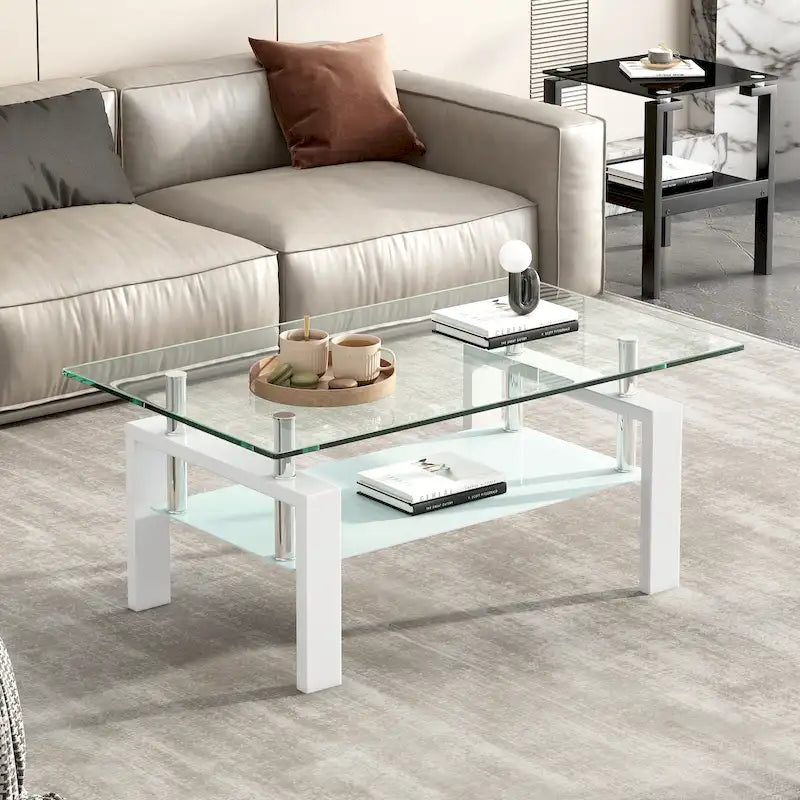 2-Layers Tempered Glass Coffee Table - 23.62 x 39.37 x 17.32