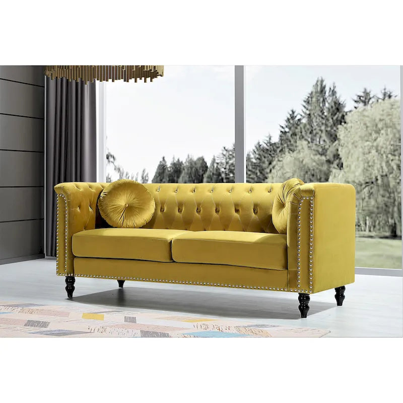US Pride Vivian Classic Velvet Kittleson Nailhead Chesterfield Sofa