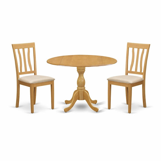 East West Furniture Kitchen Table Set- a Round Dining Room Table with Dropleaf and Linen Fabric Chairs, Oak (Pieces Option)