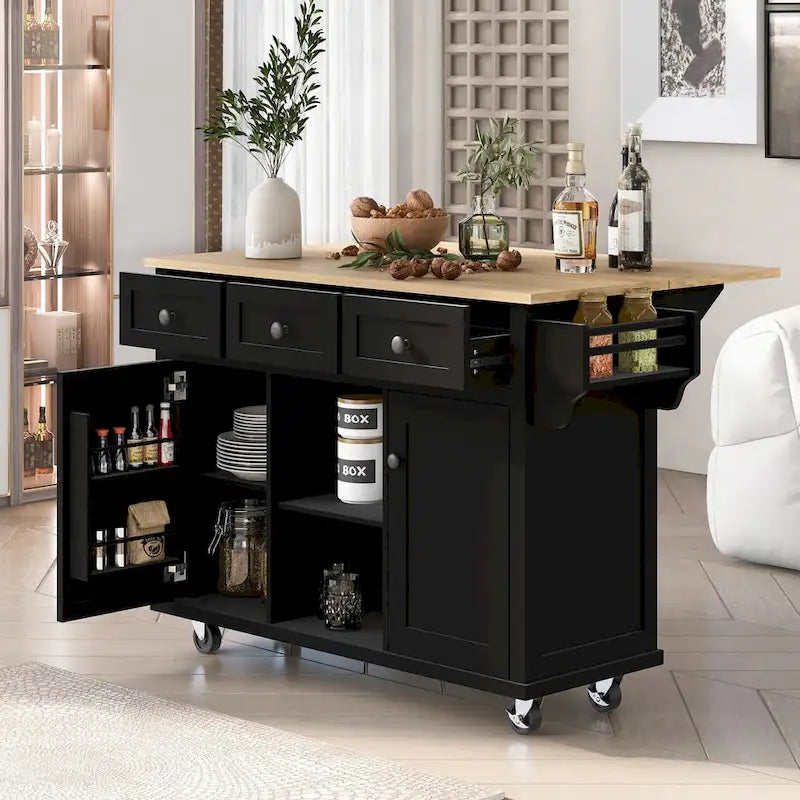 Kitchen Cart with 5 Wheels with Storage Cabinet and 3 Drawers