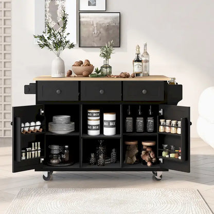 Kitchen Cart with 5 Wheels with Storage Cabinet and 3 Drawers
