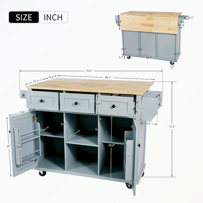 Kitchen Cart with 5 Wheels with Storage Cabinet and 3 Drawers