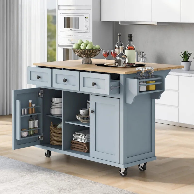 Kitchen Cart with 5 Wheels with Storage Cabinet and 3 Drawers