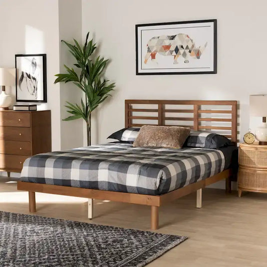 Lucine Mid-Century Modern Ash Walnut Finished Wood Platform Bed