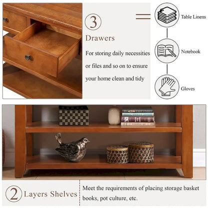 48 Solid Pine Wood Top Console Table with 3 Storage Drawers