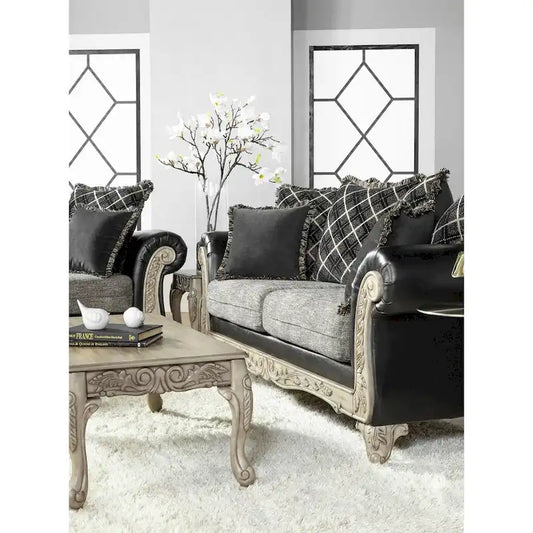 Roundhill Furniture San Marino 2-Tone Fabric Wooden Frame Sofa and Loveseat with 3 Tables Set in Ebony