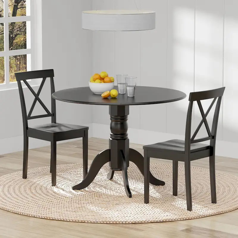 3-Piece Dining Set, 42 Round Drop-Leaf Table and X-Back Chairs