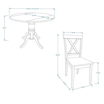3-Piece Dining Set, 42 Round Drop-Leaf Table and X-Back Chairs