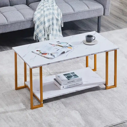 39.37 L MDF Rectangle Tabletop Iron Coffee Table , Dining Room, Coffee Shop, Resterant, White Top, Gold Leg