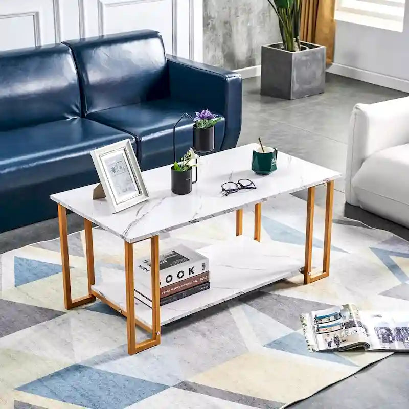 39.37 L MDF Rectangle Tabletop Iron Coffee Table , Dining Room, Coffee Shop, Resterant, White Top, Gold Leg