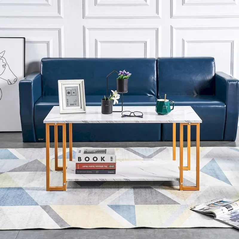 39.37 L MDF Rectangle Tabletop Iron Coffee Table , Dining Room, Coffee Shop, Resterant, White Top, Gold Leg