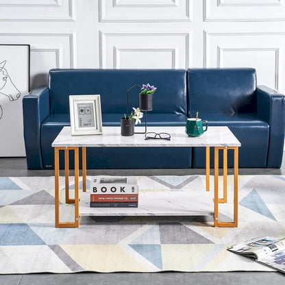 39.37 L MDF Rectangle Tabletop Iron Coffee Table , Dining Room, Coffee Shop, Resterant, White Top, Gold Leg