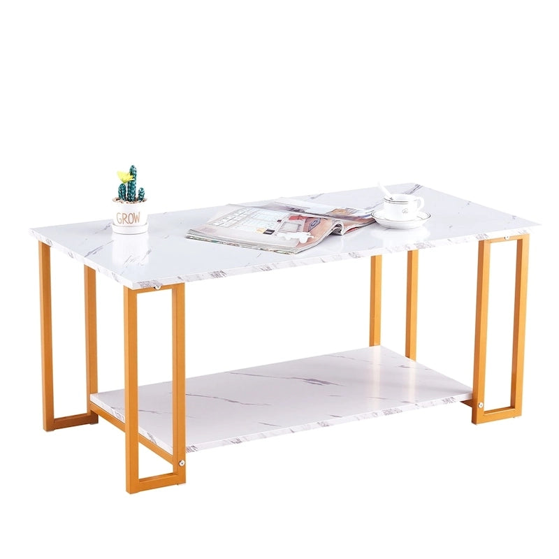 39.37 L MDF Rectangle Tabletop Iron Coffee Table , Dining Room, Coffee Shop, Resterant, White Top, Gold Leg