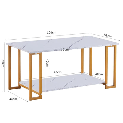39.37 L MDF Rectangle Tabletop Iron Coffee Table , Dining Room, Coffee Shop, Resterant, White Top, Gold Leg