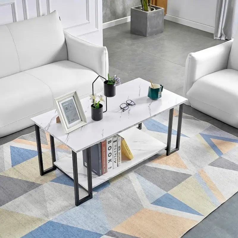 39.37 L MDF Rectangle Tabletop Iron Coffee Table , Dining Room, Coffee Shop, Resterant, White Top, Gold Leg