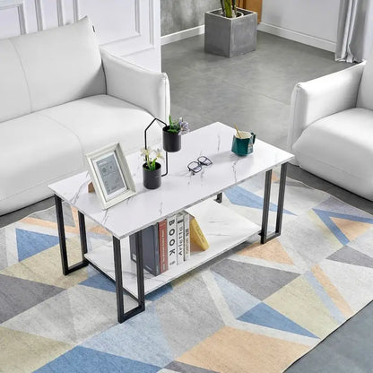 39.37 L MDF Rectangle Tabletop Iron Coffee Table , Dining Room, Coffee Shop, Resterant, White Top, Gold Leg