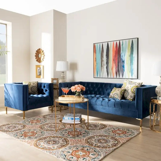 Glam Velvet and Gold Finished 2-Piece Sofa and Lounge Chair Set