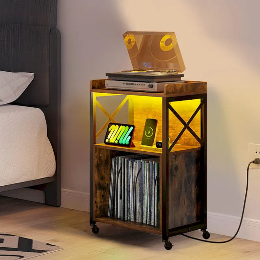 Moasis Record Player Turntable Stand Wheeled with LED Light, Charging Station