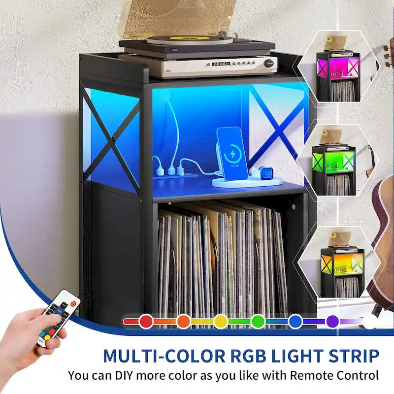 Moasis Record Player Turntable Stand Wheeled with LED Light, Charging Station