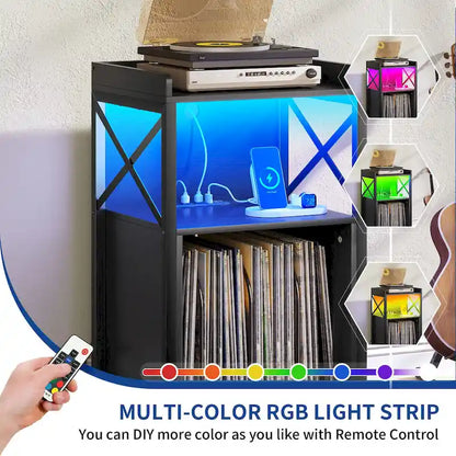 Moasis Record Player Turntable Stand Wheeled with LED Light, Charging Station