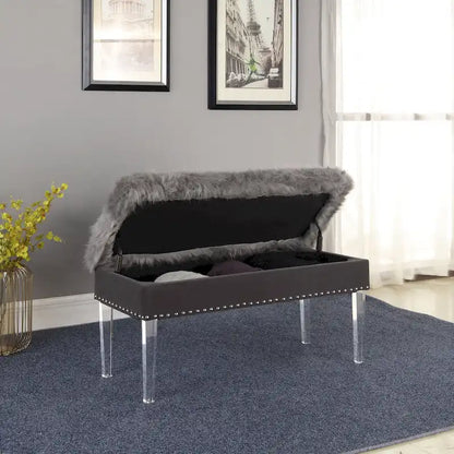 20 Inch Horice Faux Fur Nailhead Storage Bench with Acrylic Leg