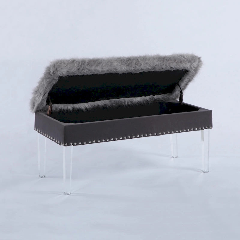 20 Inch Horice Faux Fur Nailhead Storage Bench with Acrylic Leg