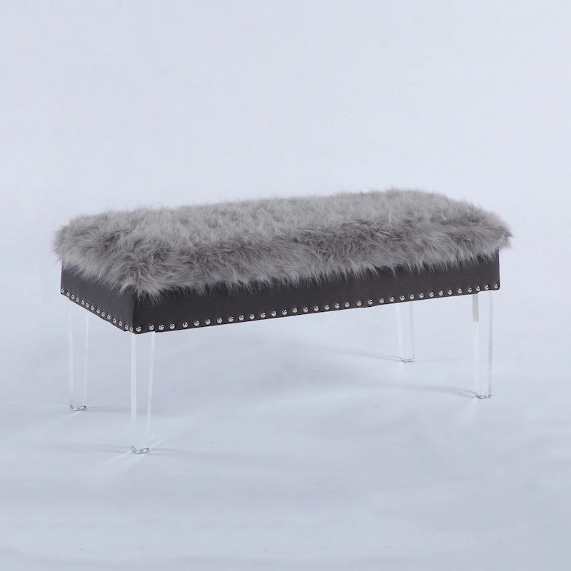 20 Inch Horice Faux Fur Nailhead Storage Bench with Acrylic Leg