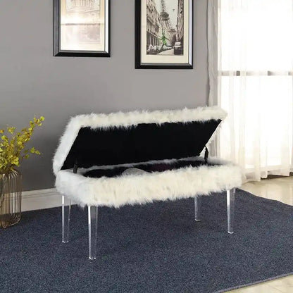 20 Inch Horice Faux Fur Nailhead Storage Bench with Acrylic Leg