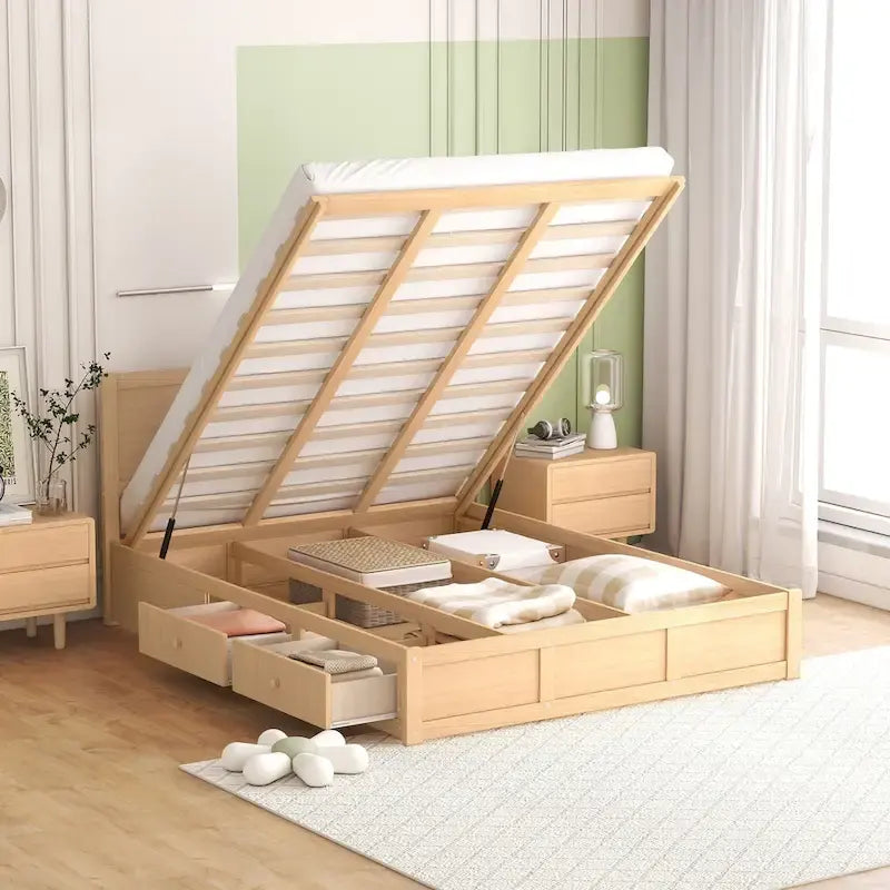 Wood Platform Bed with Underneath Storage and 2 Drawers
