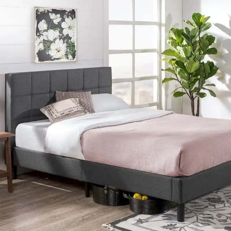 Priage by ZINUS Grey Square Stitched King Platform Bed Frame
