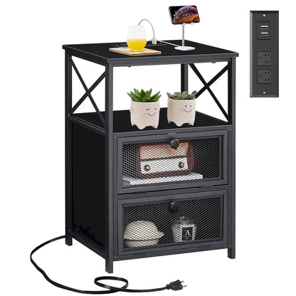 Nightstand End Table with Charging Station & 2 Flip Drawers, 2 USB Ports & 2 Power Outlet