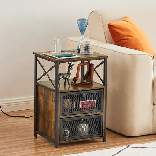 Nightstand End Table with Charging Station & 2 Flip Drawers, 2 USB Ports & 2 Power Outlet