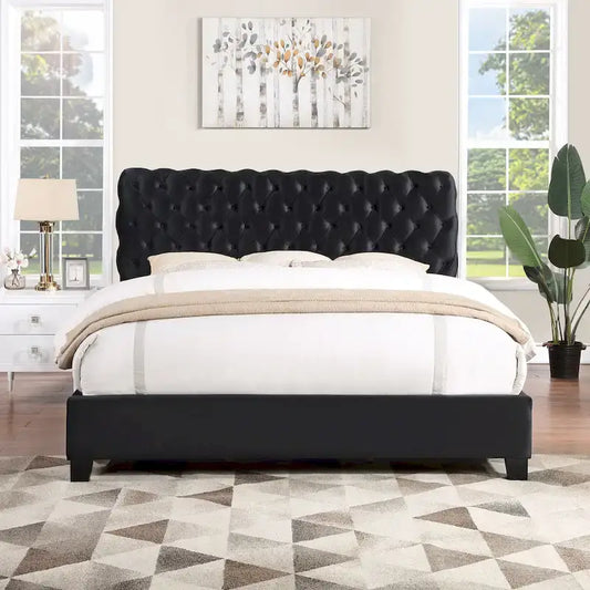 Roundhill Furniture Apoera Velvet Upholstered Button Tufted Bed, King, Black