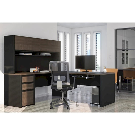 Bestar Connexion 72W L-Shaped Desk with Hutch and Pedestal
