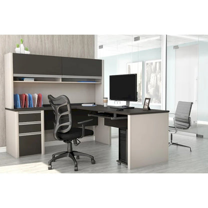 Bestar Connexion 72W L-Shaped Desk with Hutch and Pedestal