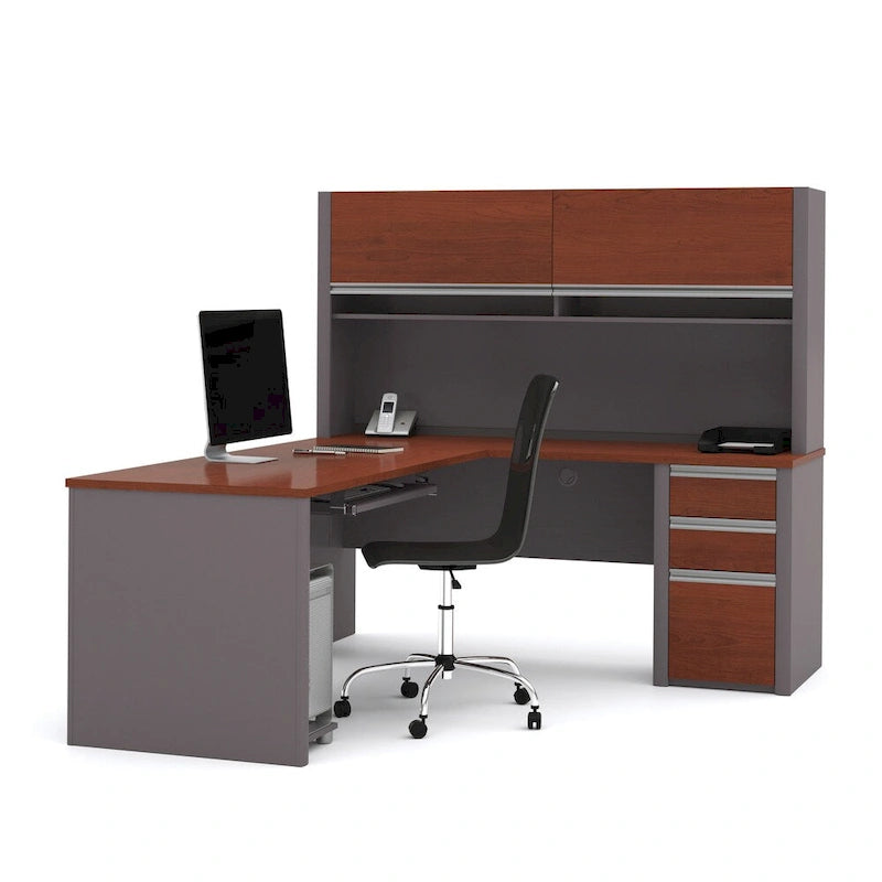 Bestar Connexion 72W L-Shaped Desk with Hutch and Pedestal