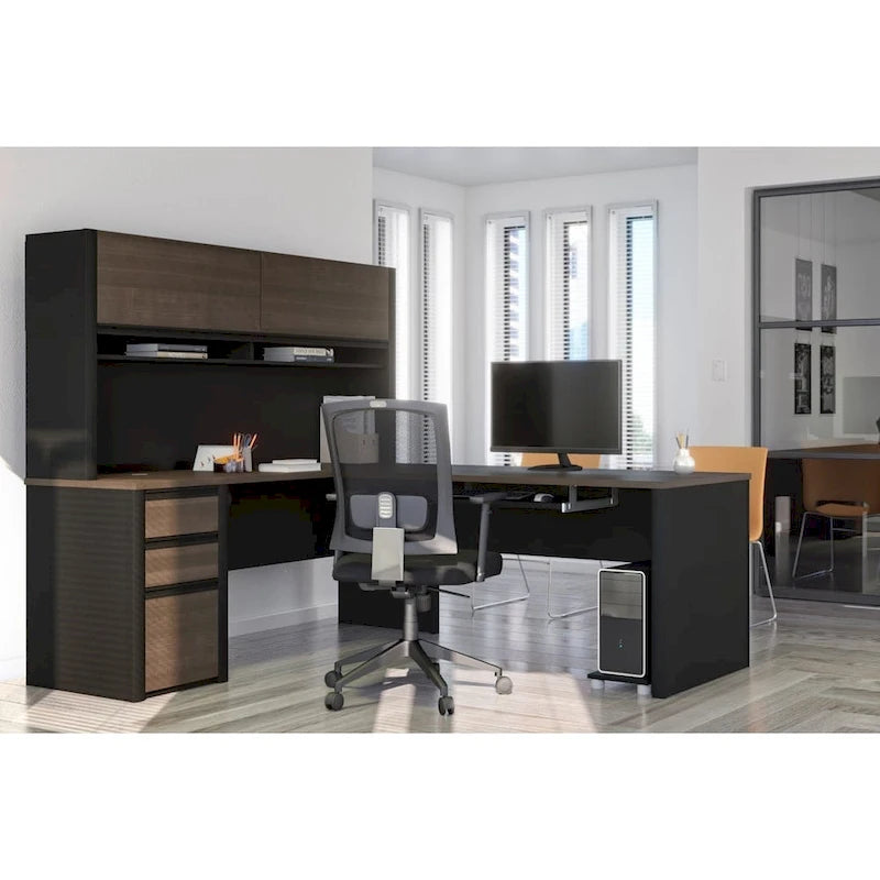 Bestar Connexion 72W L-Shaped Desk with Hutch and Pedestal