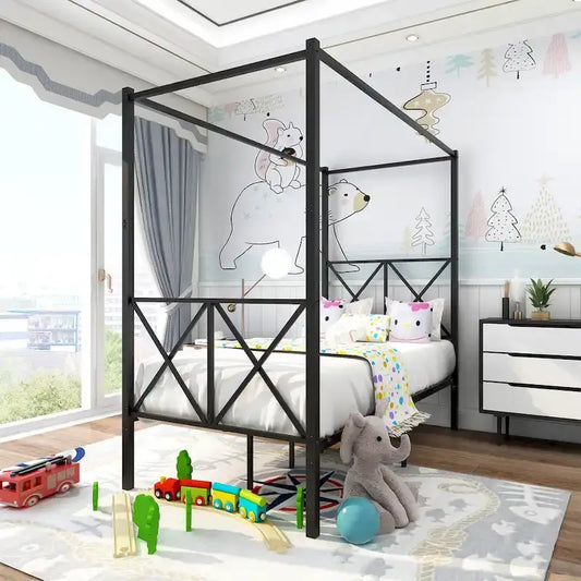 Metal Canopy Bed Frame Platform with X Shaped