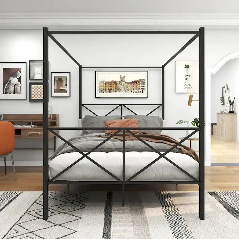 Metal Canopy Bed Frame Platform with X Shaped
