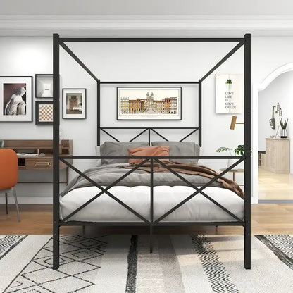 Metal Canopy Bed Frame Platform with X Shaped