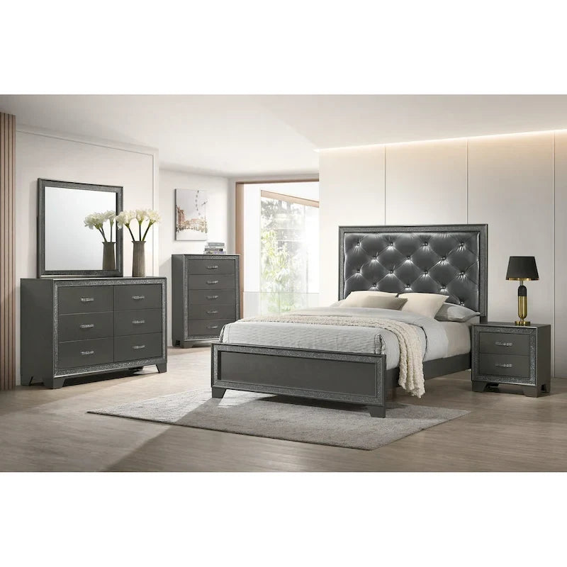 Hoyt 5 Piece Dark Gray Faux Leather Upholstered Tufted Panel Bedroom Set