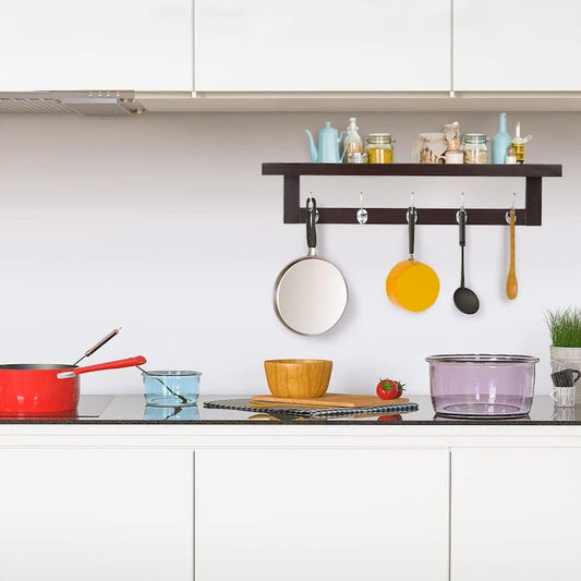 Coat Hooks Set of 4 with Shelf Wall-Mounted, Bamboo Hanging Shelf with 5 Double Metal Hooks (Dark Brown)