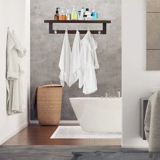 Coat Hooks Set of 4 with Shelf Wall-Mounted, Bamboo Hanging Shelf with 5 Double Metal Hooks (Dark Brown)