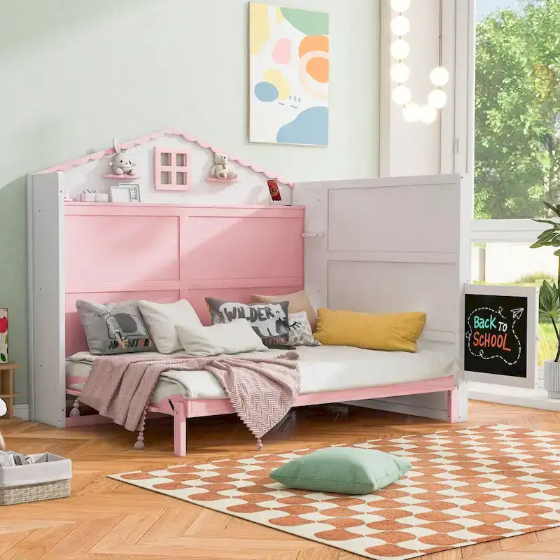 Wood Full Size House Murphy Bed with USB, Storage Shelves and Blackboard, Pink+White