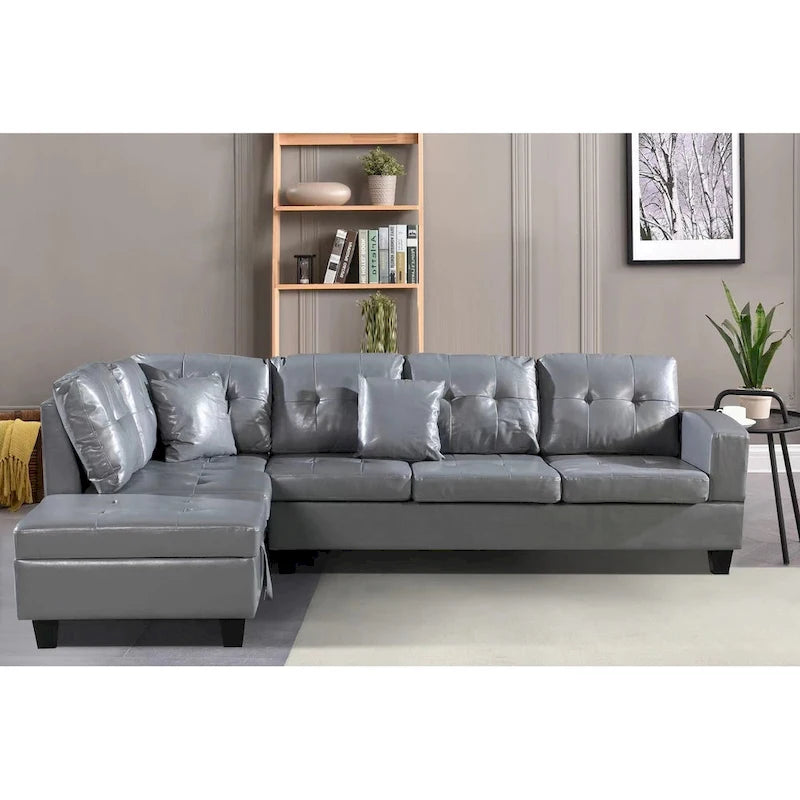 Faux Leather Left Chaise Living Room Sofa Set with Storage Ottoman