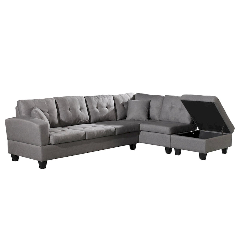 Faux Leather Left Chaise Living Room Sofa Set with Storage Ottoman